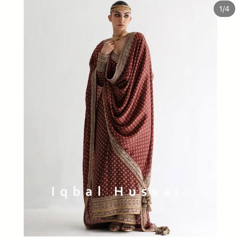 Iqbal Hussain Maroon/Brown and Gold Long Sleeve Dress with Izaar and Dupatta - Picture 4 of 5